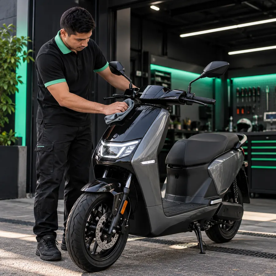 Imagen de referencia: moto eléctrica lista para entrega, limpia, frente al taller